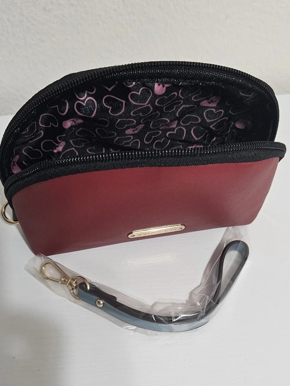 Nicole Lee Burgundy and Black Cosmetic Wristlet Pouch